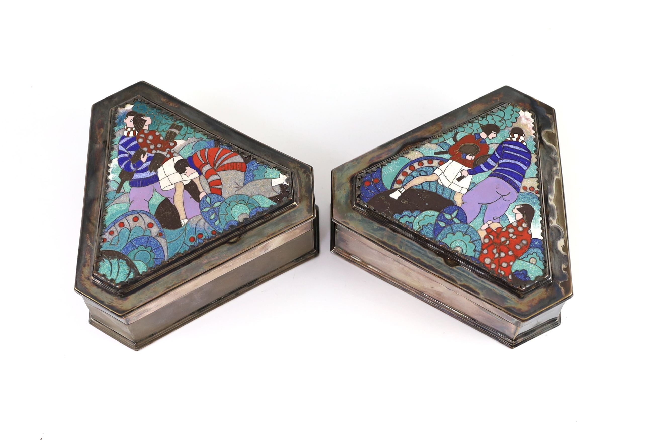 A pair of unusual Art Deco electroplated and cloisonné enamel panelled boxes and covers, 14 x 16cm height 6cm